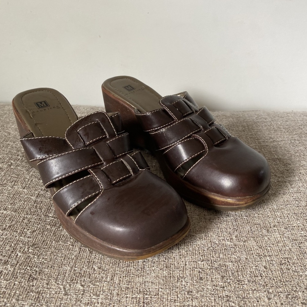 Vintage Maurices Y2K Chunky Wedge Clogs Size 7 Faux‎ Brown Leather Bratz Grunge